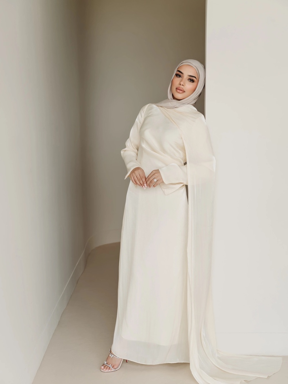 Elegant Cream Long-Sleeve Modest Dress